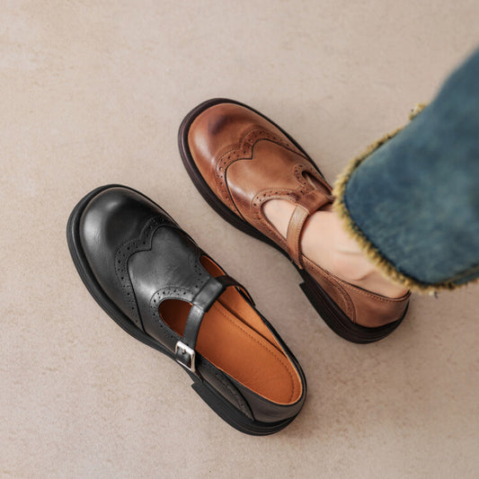 Women’s Carved Chunky Heel Platform Leather Shoes – Retro Round Toe Dress Heels | ROHBA