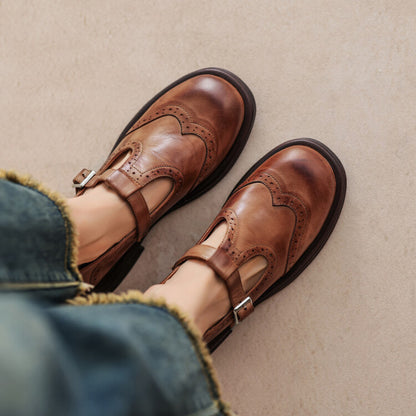 Women’s Carved Chunky Heel Platform Leather Shoes – Retro Round Toe Dress Heels | ROHBA