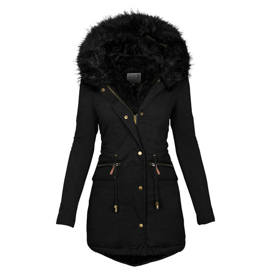Women’s Fur Collar Hooded Mid-Length Winter Cotton Coat | ROHBA Store