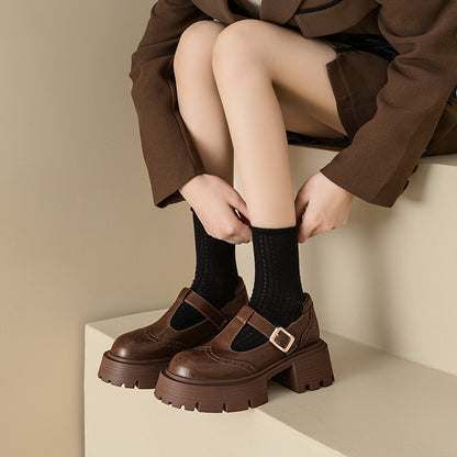 Vintage Brown Round Toe High Heels Thick Bottom Chunky Heel