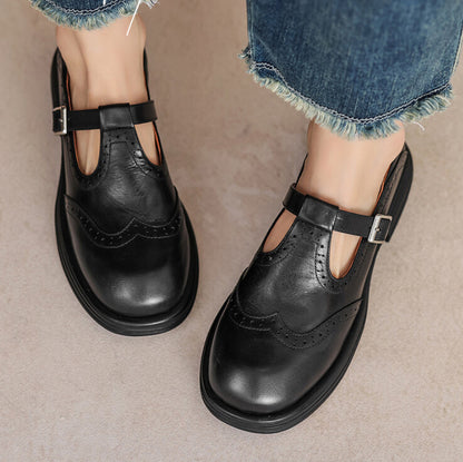 Women’s Carved Chunky Heel Platform Leather Shoes – Retro Round Toe Dress Heels | ROHBA