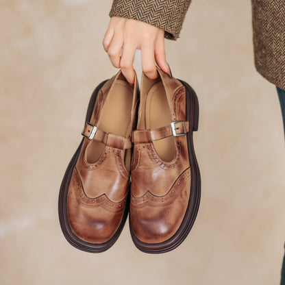 Women’s Carved Chunky Heel Platform Leather Shoes – Retro Round Toe Dress Heels | ROHBA