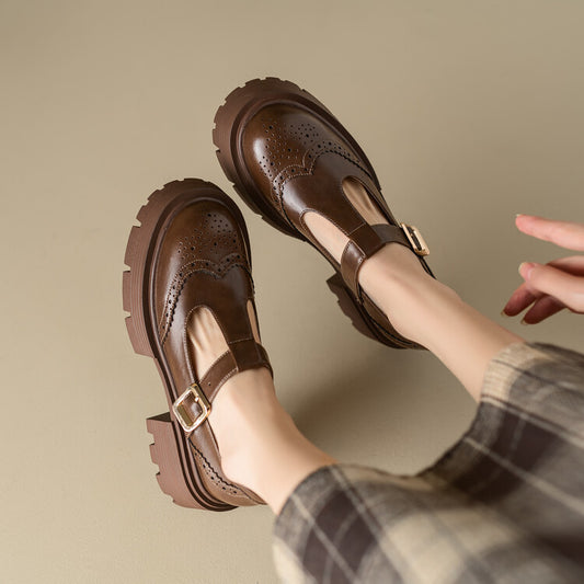 Vintage Brown Round Toe High Heels Thick Bottom Chunky Heel