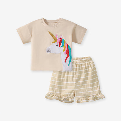 Summer Baby Kids Unicorn Cartoon Pattern T-shirt and Striped Bloomers Clothing Set for Girls